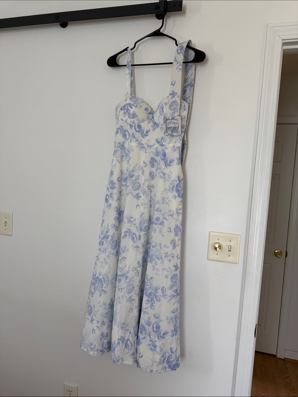 Blue Floral Midi Dress with Buckled Strap